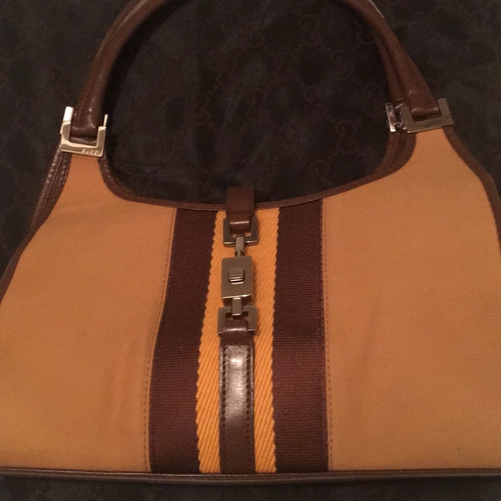 Gucci Jackie Stripe Tote Brown Canvas Shoulder Bag